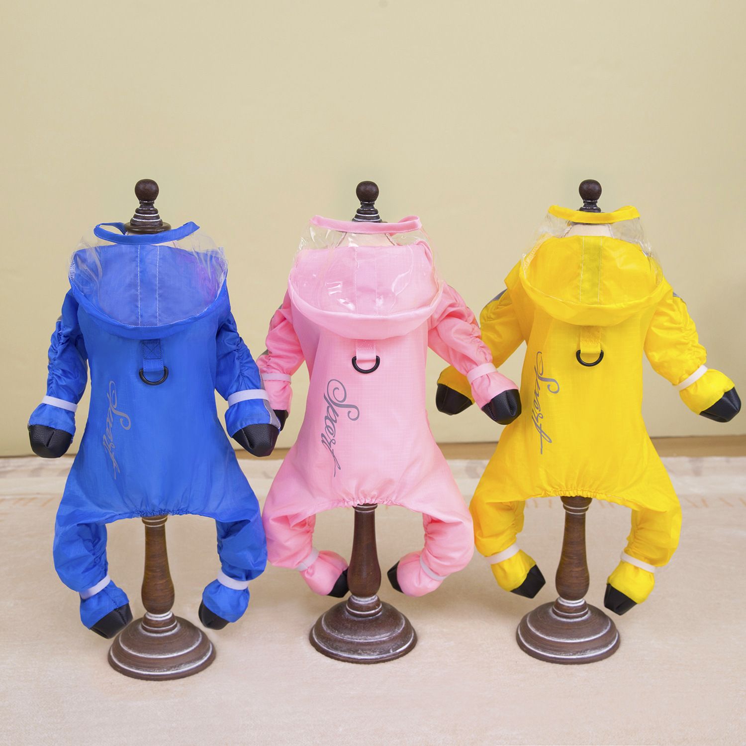 Pink Full Body Dog Raincoat with Waterproof Boots and Clear Visor Hood (L) view 5