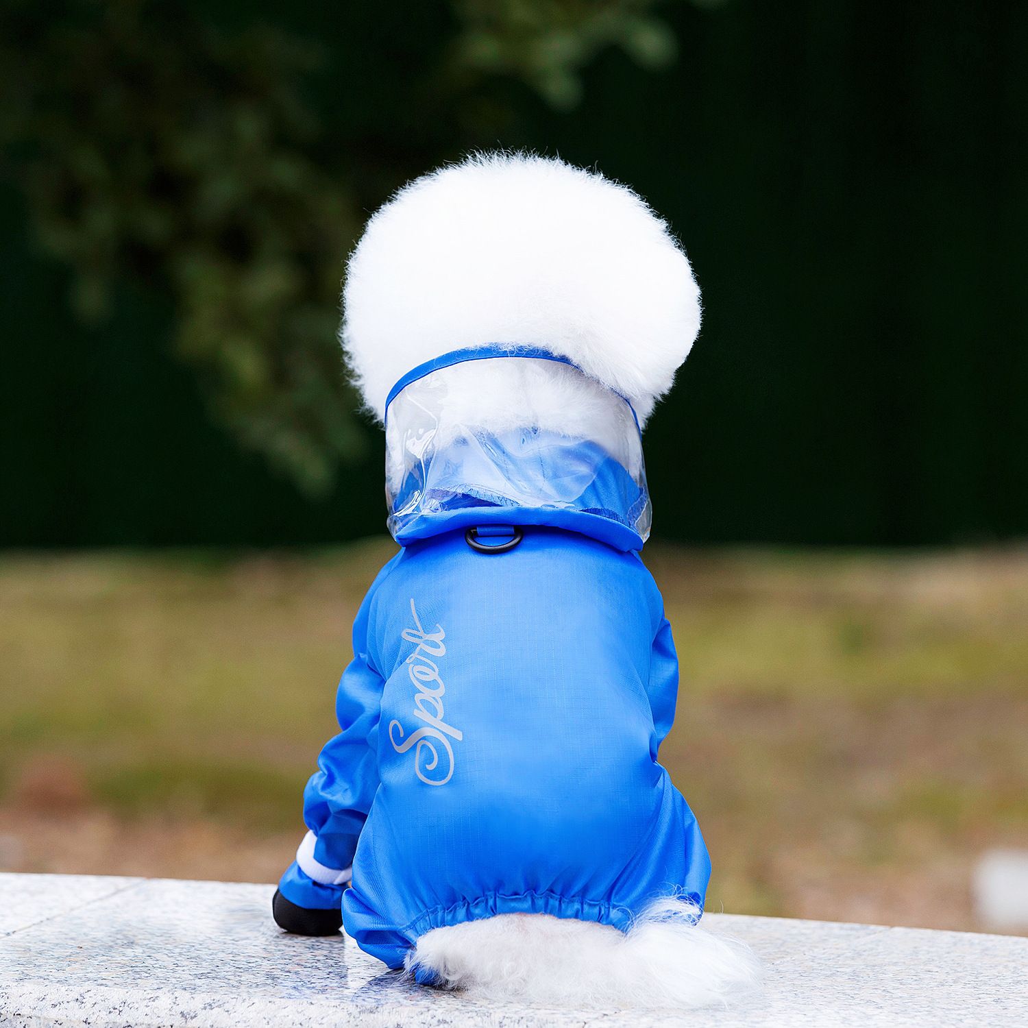 Blue Full Body Dog Raincoat with Waterproof Boots and Clear Visor Hood (L) view 2