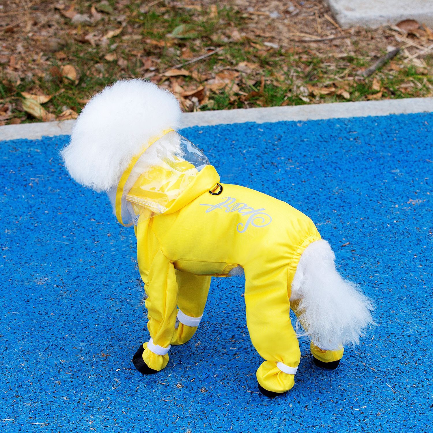 Yellow Full Body Dog Raincoat with Waterproof Boots and Clear Visor Hood view 2