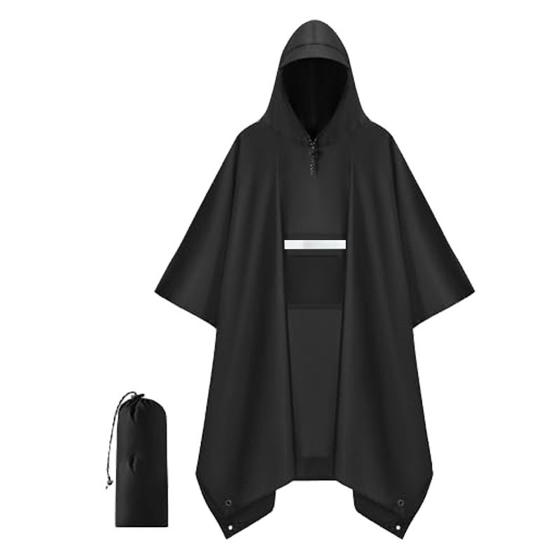 Black Unisex Hooded Rain Poncho - Lightweight Packable Outdoor Rain Cape with