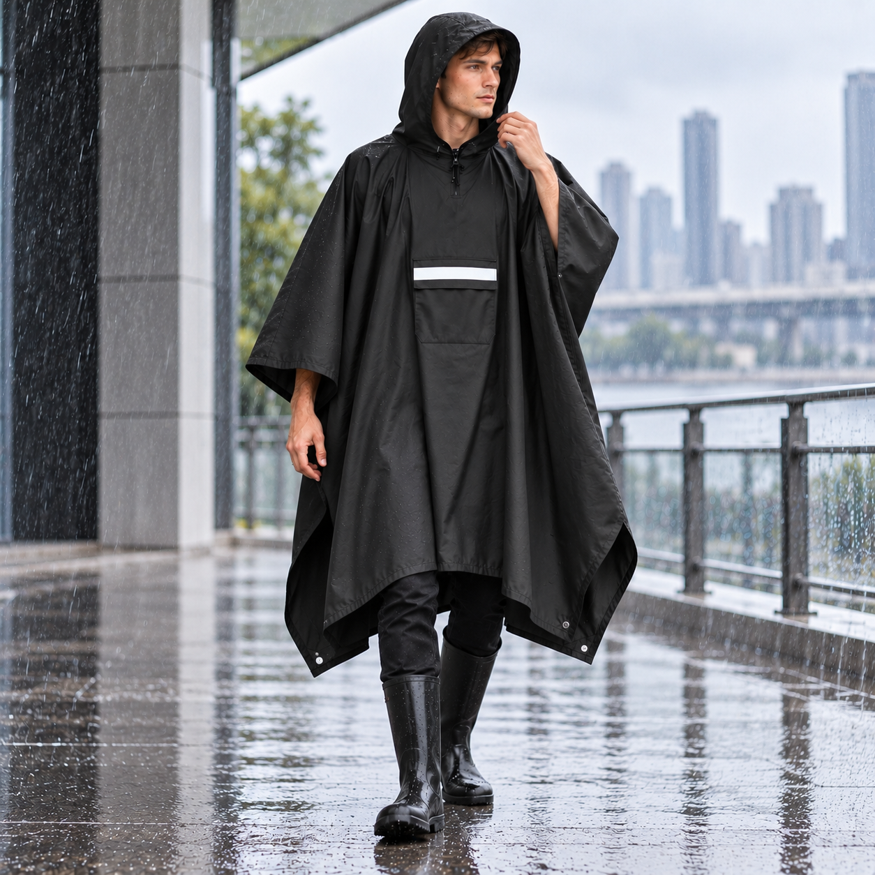 Black Unisex Hooded Rain Poncho - Lightweight Packable Outdoor Rain Cape with view 2