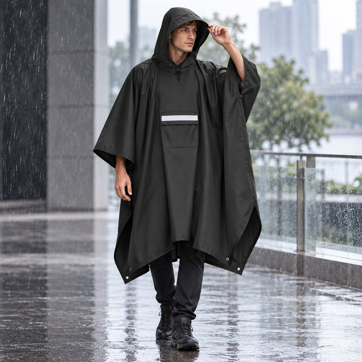 Black Unisex Hooded Rain Poncho - Lightweight Packable Outdoor Rain Cape with view 3