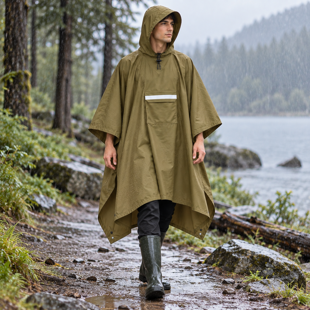 Brown Unisex Hooded Rain Poncho - Lightweight Packable Outdoor Rain Cape with view 3