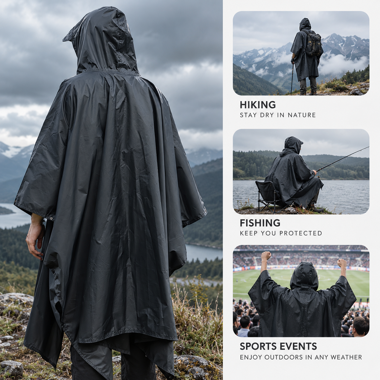 Black 3-in-1 Hooded Rain Poncho - 140 x 210 cm Lightweight Polyester Outdoor view 4