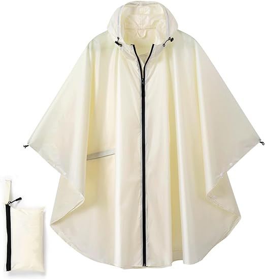 Beige Hooded Rain Poncho with Full Front Zip - Lightweight Packable Rain Cape