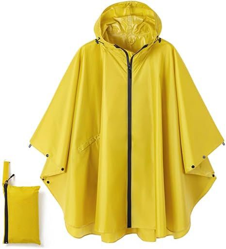 Yellow Hooded Rain Poncho with Full Front Zip - Lightweight Packable Rain Cape