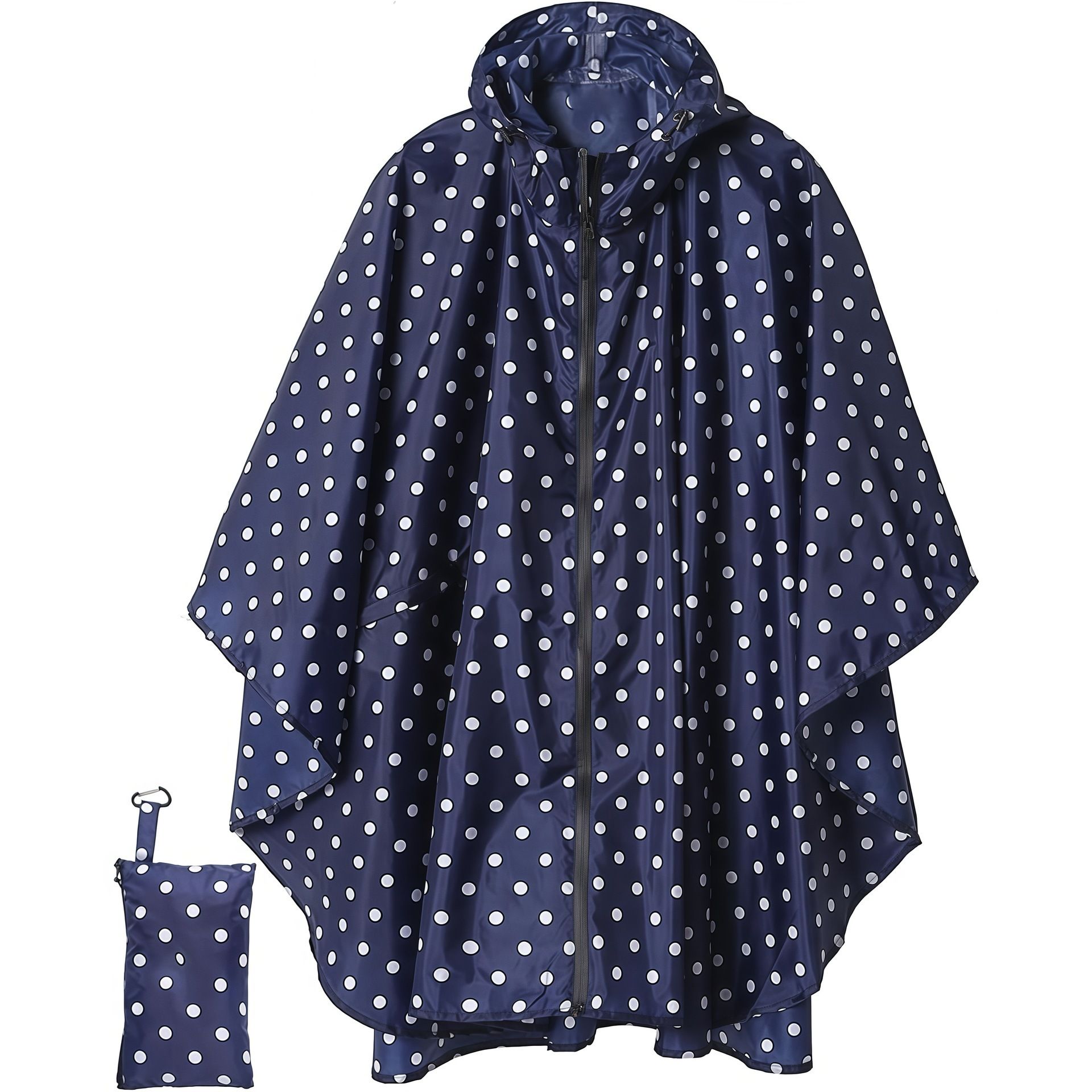 Blue Polka Dots Hooded Rain Poncho with Full Front Zip - Lightweight Packable