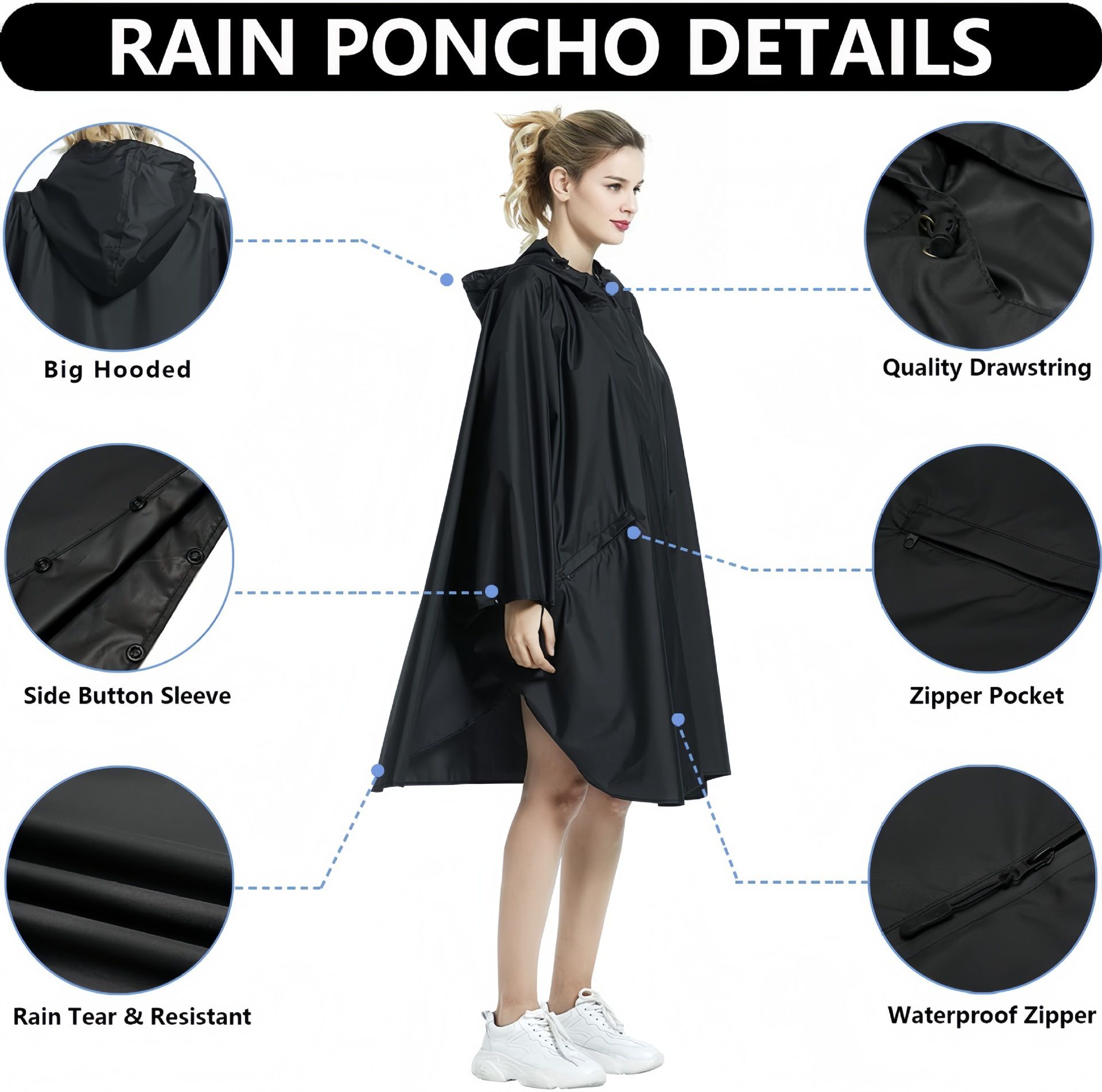 Blue Polka Dots Hooded Rain Poncho with Full Front Zip - Lightweight Packable view 2