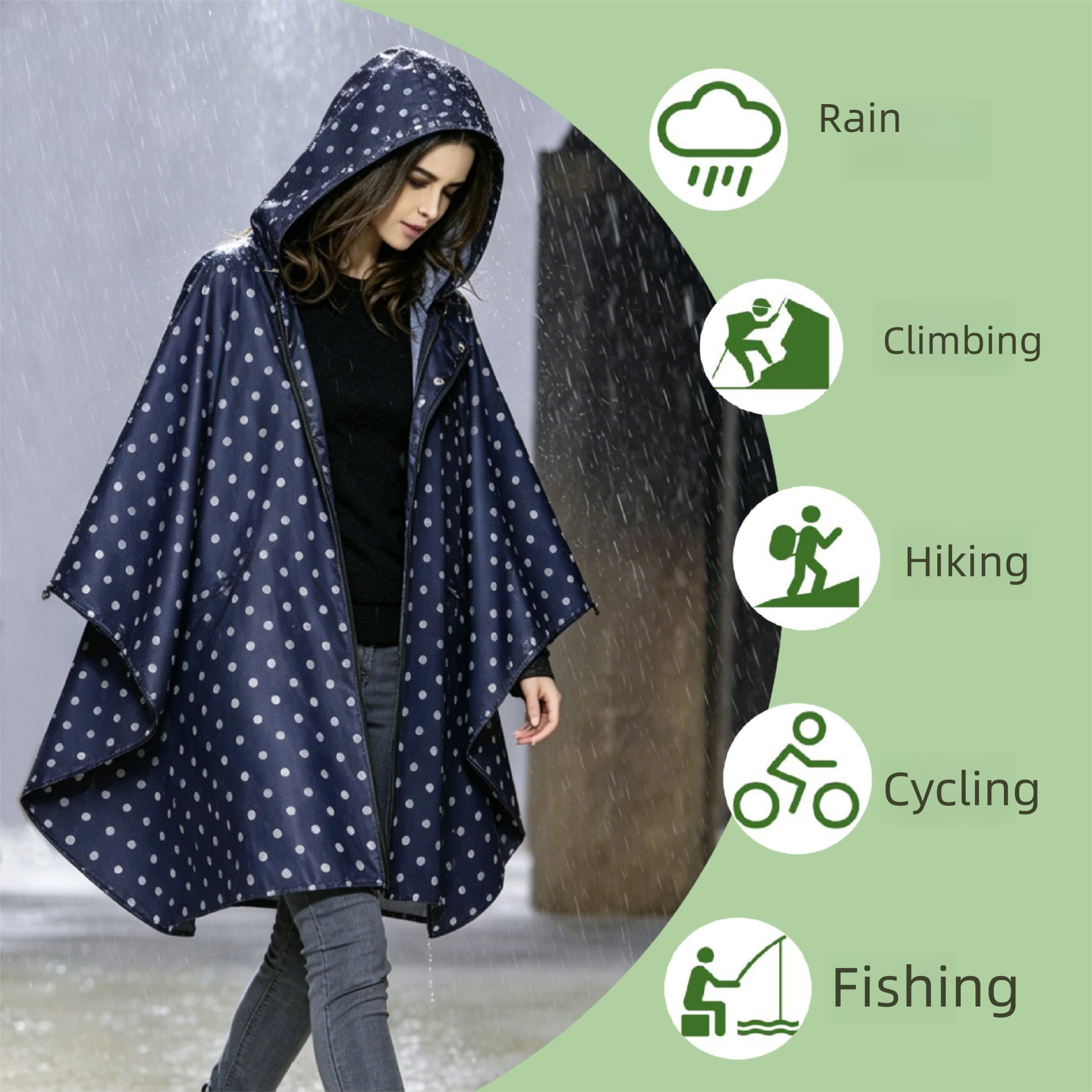 Green Hooded Rain Poncho with Full Front Zip - Lightweight Packable Rain Cape view 3