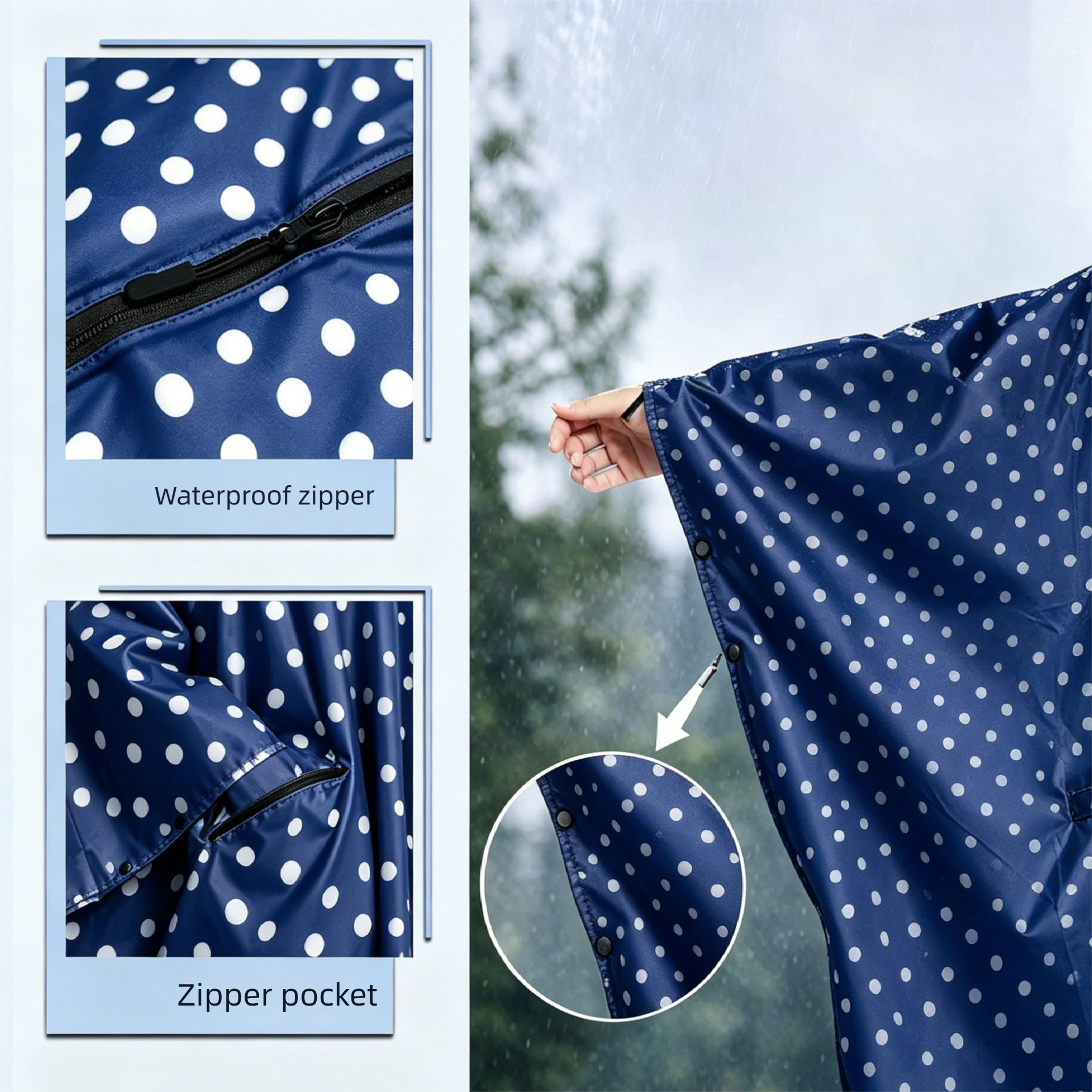 Green Hooded Rain Poncho with Full Front Zip - Lightweight Packable Rain Cape view 4