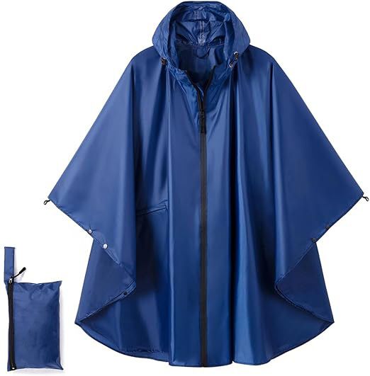 Blue Hooded Rain Poncho with Full Front Zip - Lightweight Packable Rain Cape