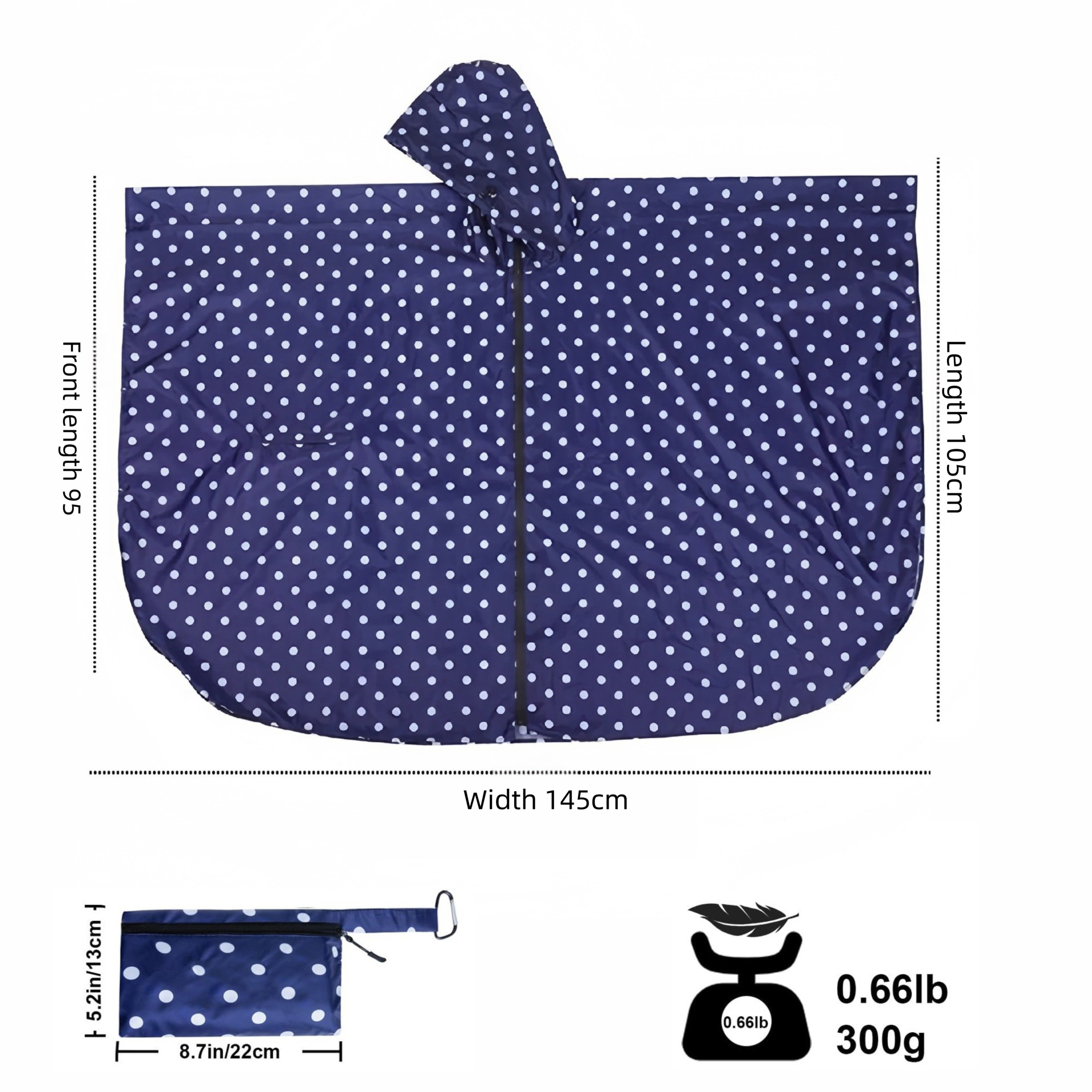 Blue Hooded Rain Poncho with Full Front Zip - Lightweight Packable Rain Cape view 5