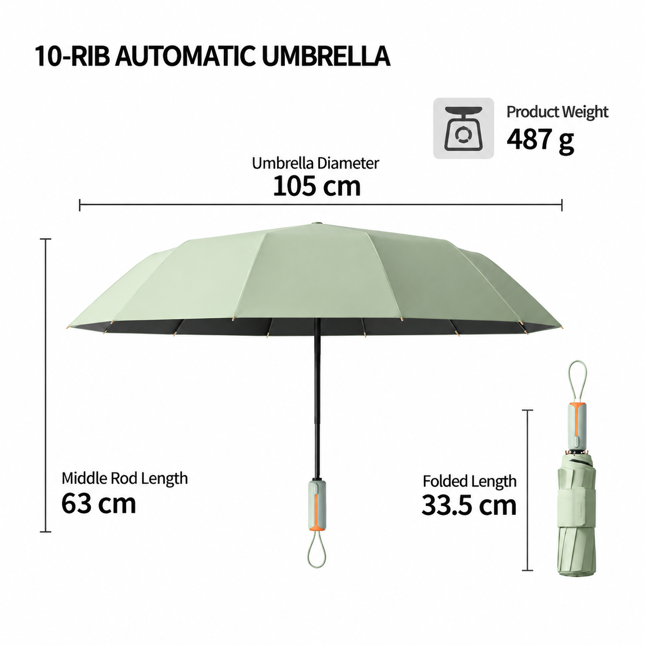 Automatic Folding Umbrella (Black)- 105 cm Large Canopy view 5