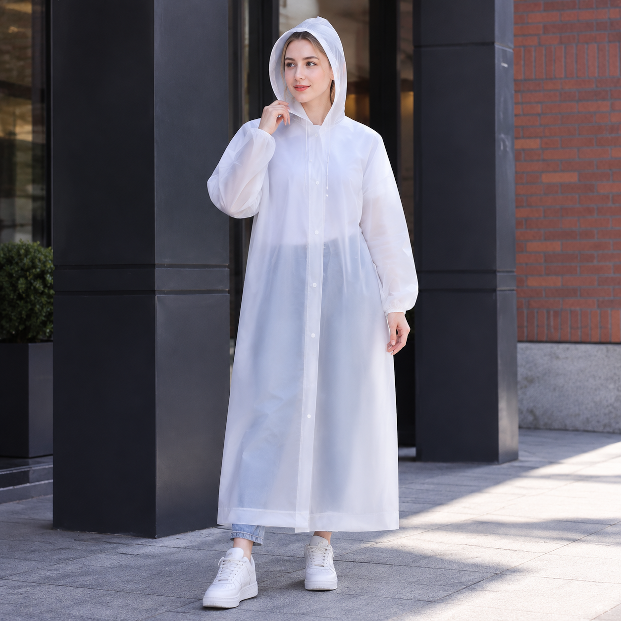 2 pcs White Reusable EVA Hooded Raincoat - 150 g Lightweight Long Rain Jacket view 2