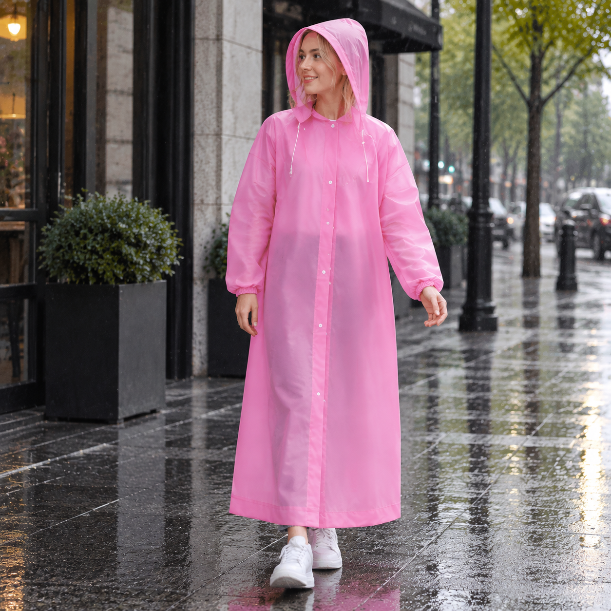 2 pcs Pink Reusable EVA Hooded Raincoat - 150 g Lightweight Long Rain Jacket view 2