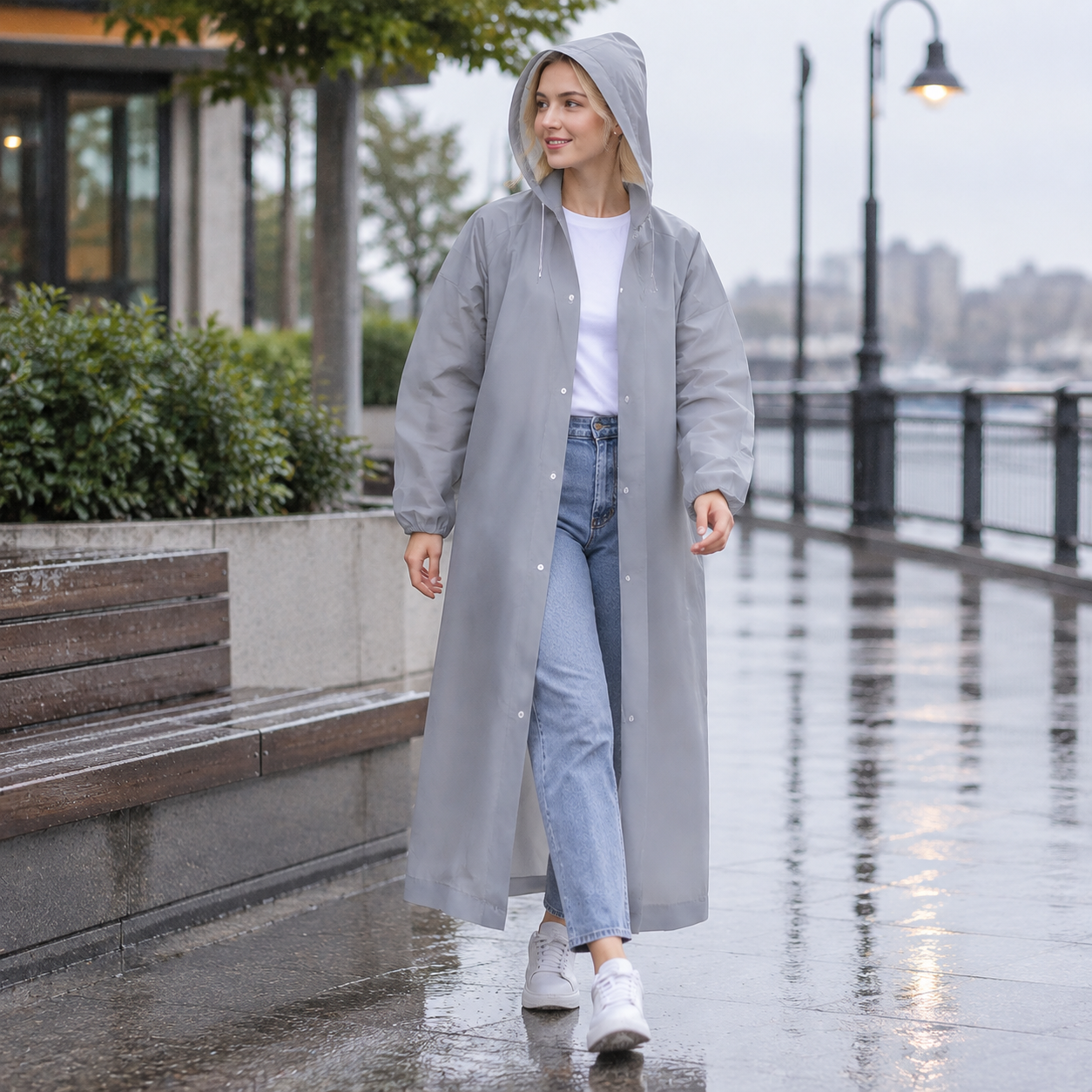 2 pcs Gray Reusable EVA Hooded Raincoat - 150 g Lightweight Long Rain Jacket view 3