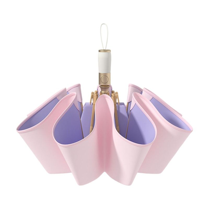 Pink Rounded Edge Automatic Folding Umbrella - 105 cm Large UPF 50+ Sun and