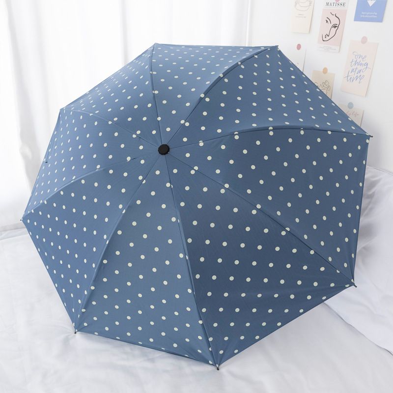 Blue Polka Dot Manual Folding Umbrella - 112 cm Canopy with Black Coating