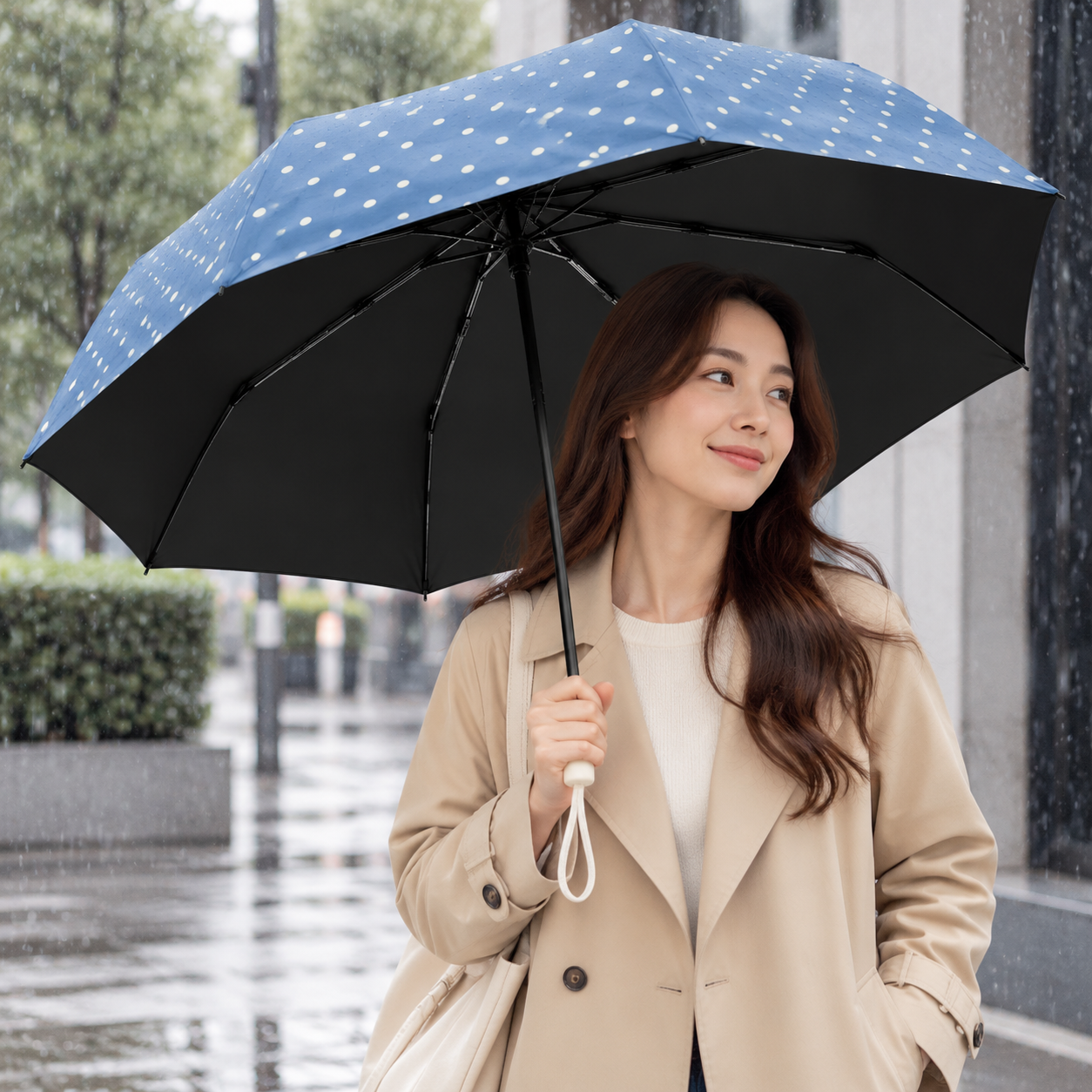 Blue Polka Dot Manual Folding Umbrella - 112 cm Canopy with Black Coating view 2