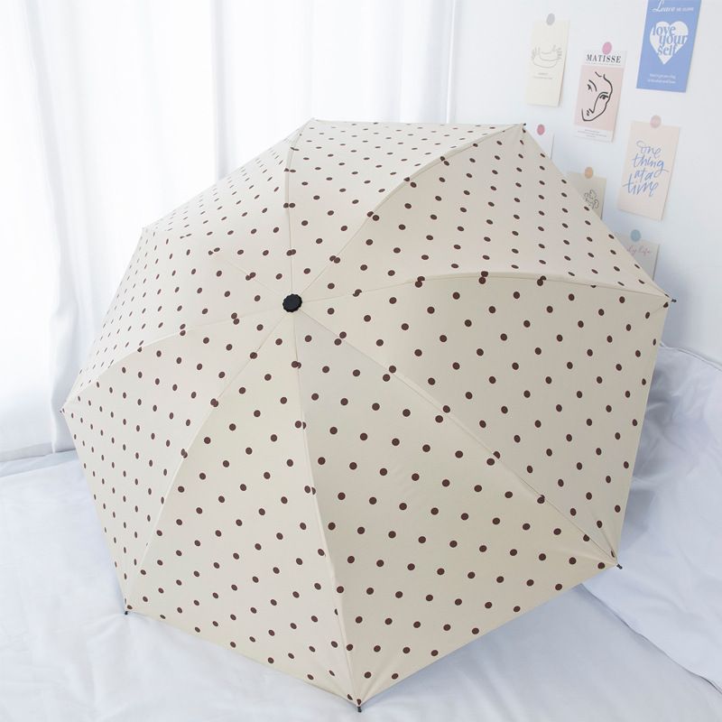 Beige Polka Dot Manual Folding Umbrella - 112 cm Canopy with Black Coating