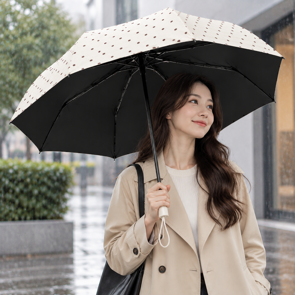 Beige Polka Dot Manual Folding Umbrella - 112 cm Canopy with Black Coating view 2