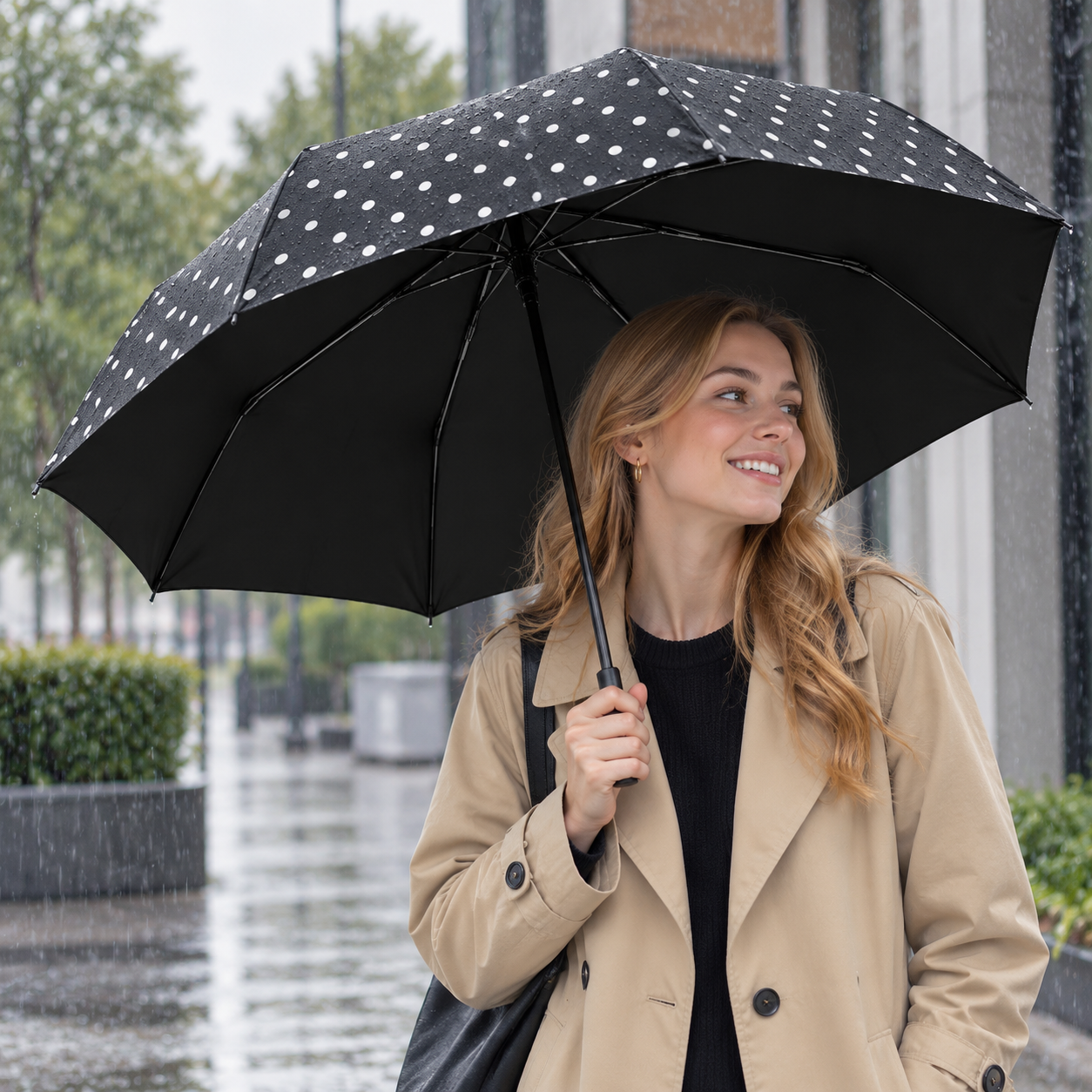 Black Polka Dot Manual Folding Umbrella - 112 cm Canopy with Black Coating view 2