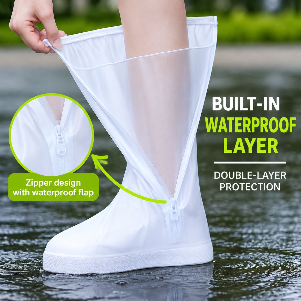 White XL High Top Waterproof Rain Shoe Covers - 40 cm Reusable Overshoes with view 2