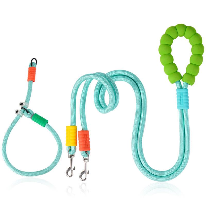 Green Double Dog Leash and Collar Set - Braided Rope Dual Lead with Padded Handle — image 1