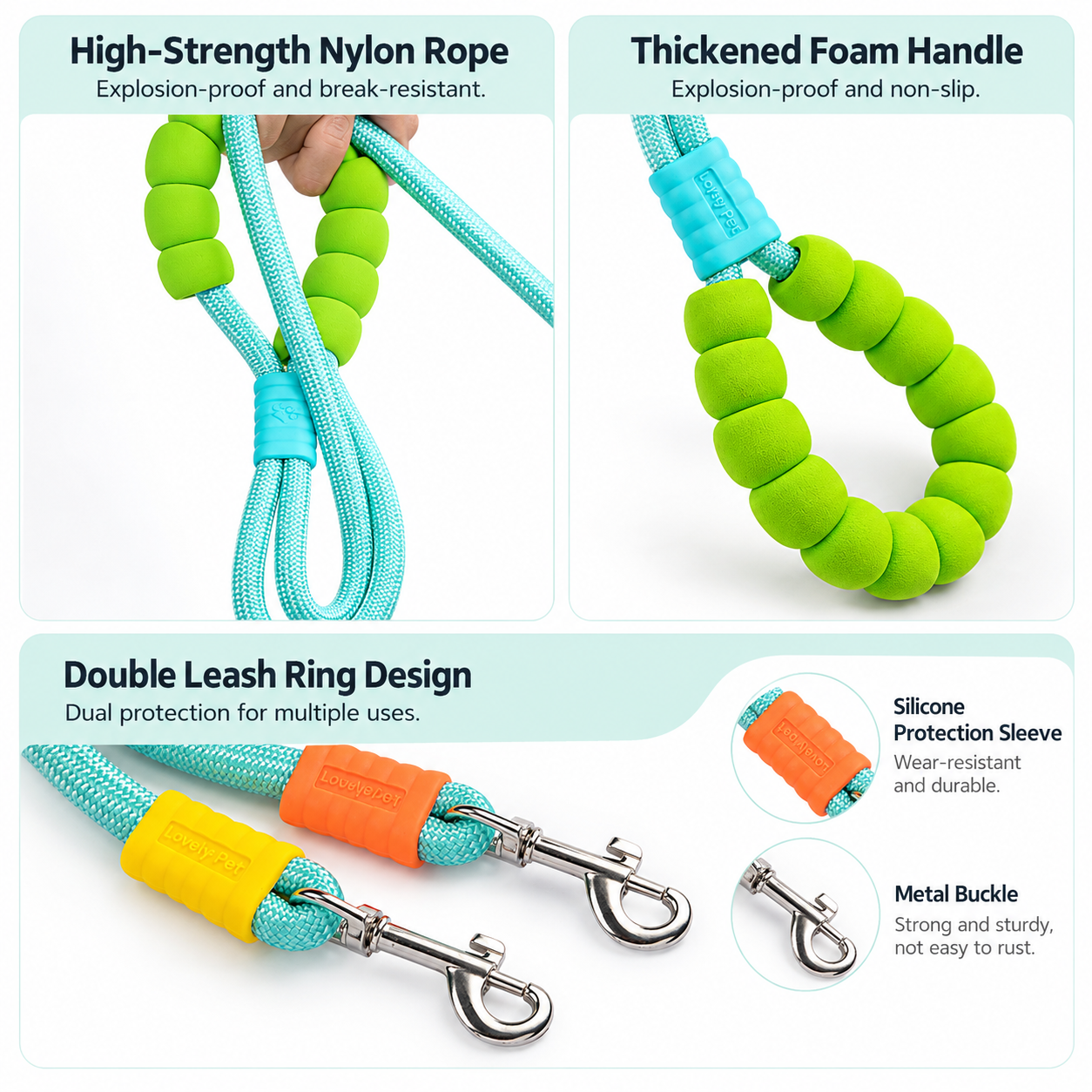 Pink Double Dog Leash and Collar Set - Braided Rope Dual Lead with Padded Handle view 3