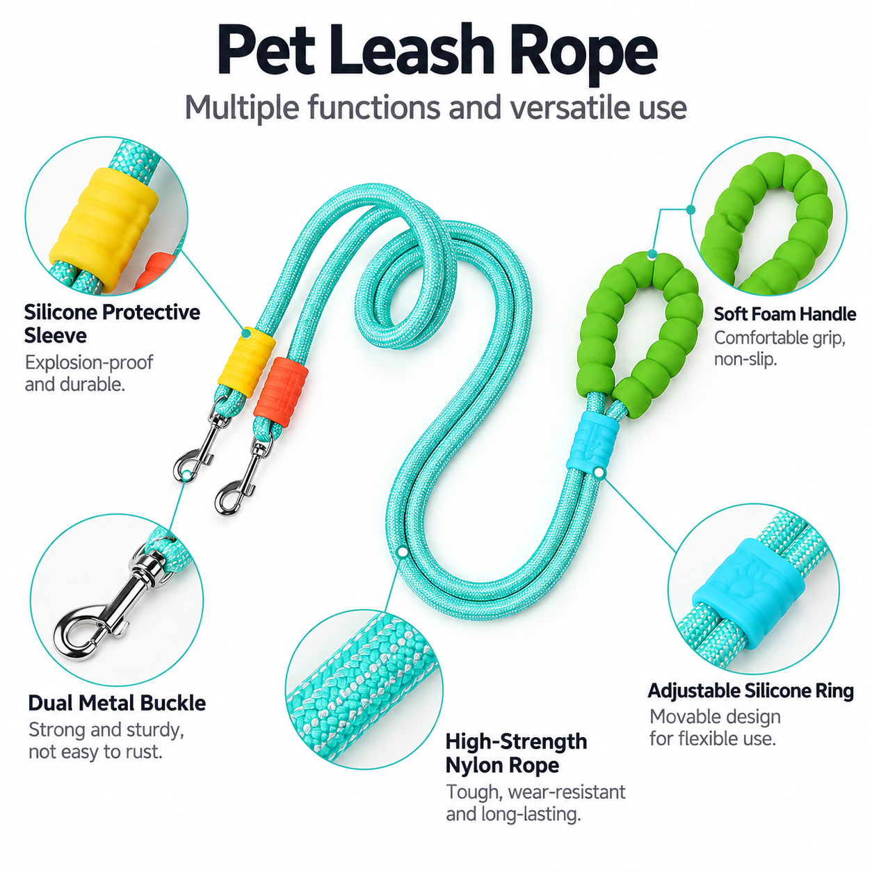 Orange Multi-Function Double Dog Leash - 1.8 m Single Leash or 1.2 m Dual Leash view 4