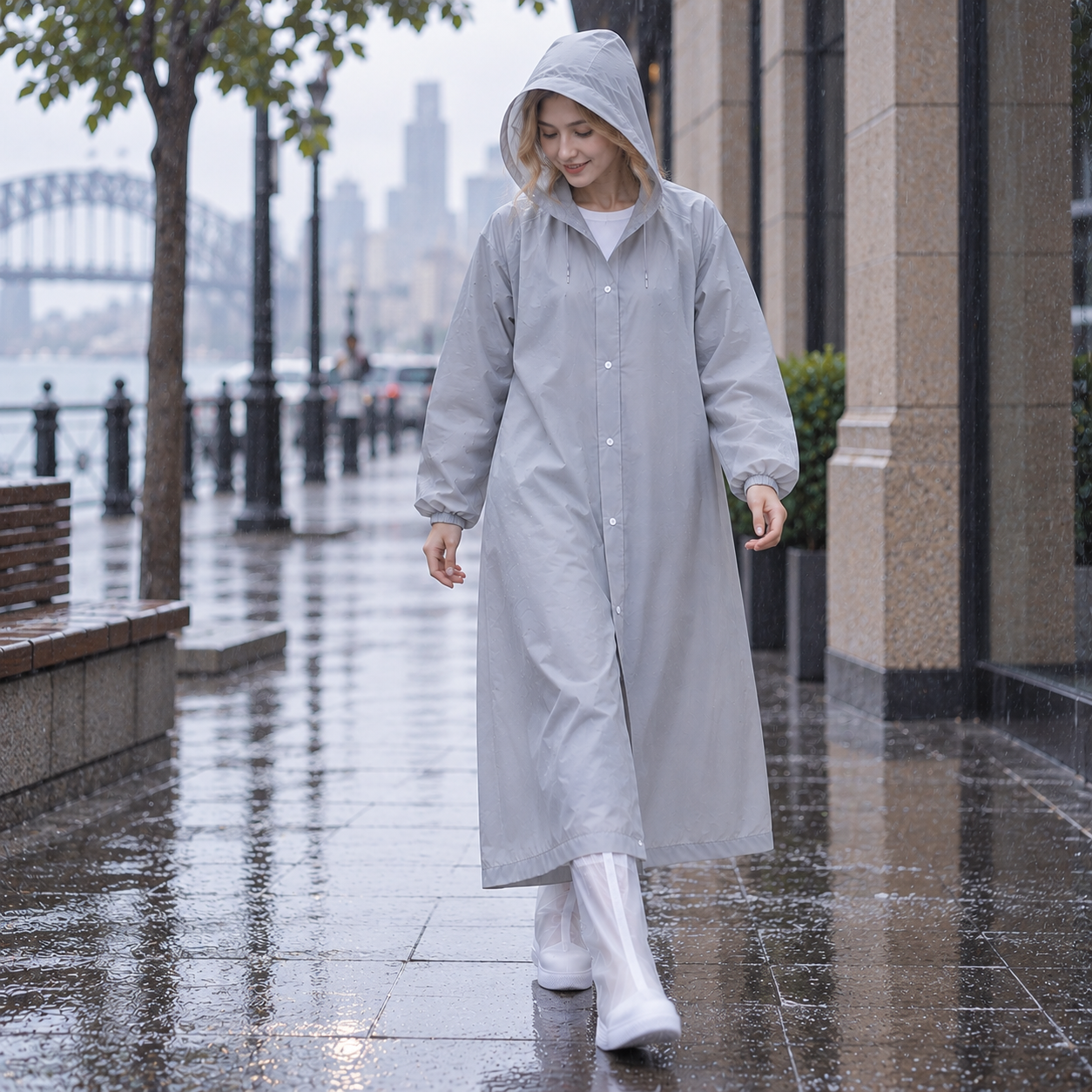 Reusable Raincoat 150 g and Size M Waterproof Shoe Cover Set - Grey Hooded view 2