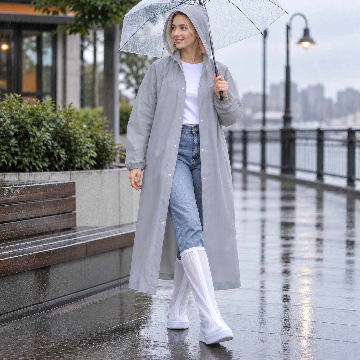 Reusable Raincoat 150 g and Size XL Waterproof Shoe Cover Set - Grey Hooded view 3