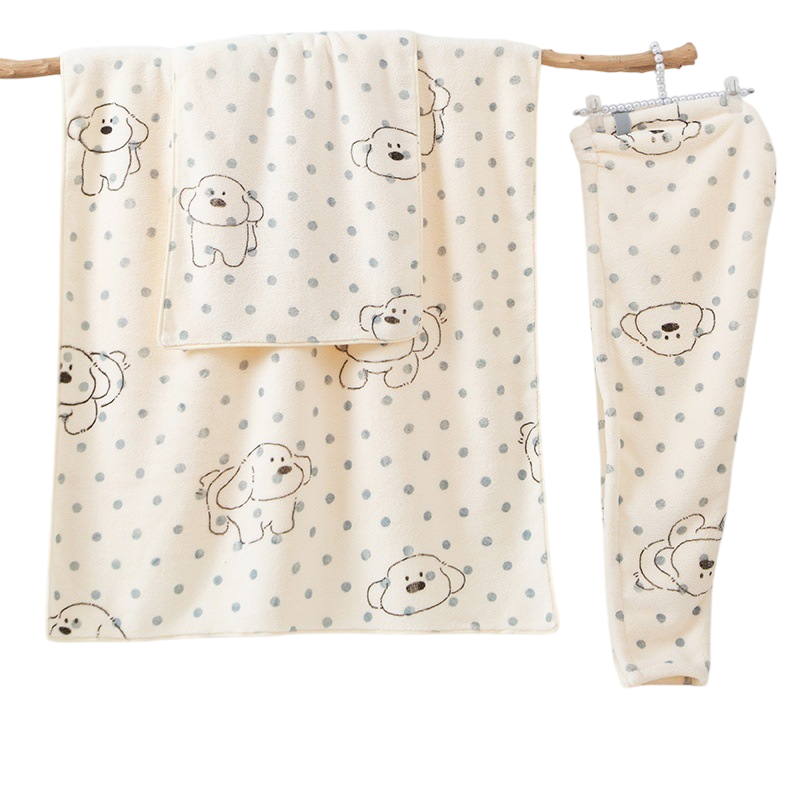 3 Piece Dog Print Coral Fleece Towel Set (Puppy pattern)- Soft Absorbent Face