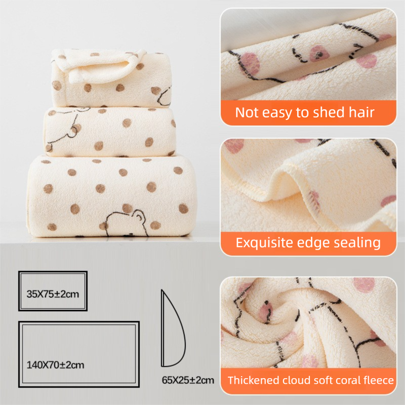 3 Piece Dog Print Coral Fleece Towel Set (Puppy pattern)- Soft Absorbent Face view 4