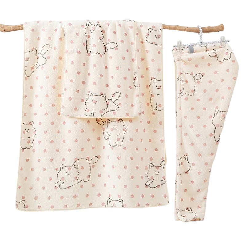 3 Piece Dog Print Coral Fleece Towel Set (Kitten pattern)- Soft Absorbent Face