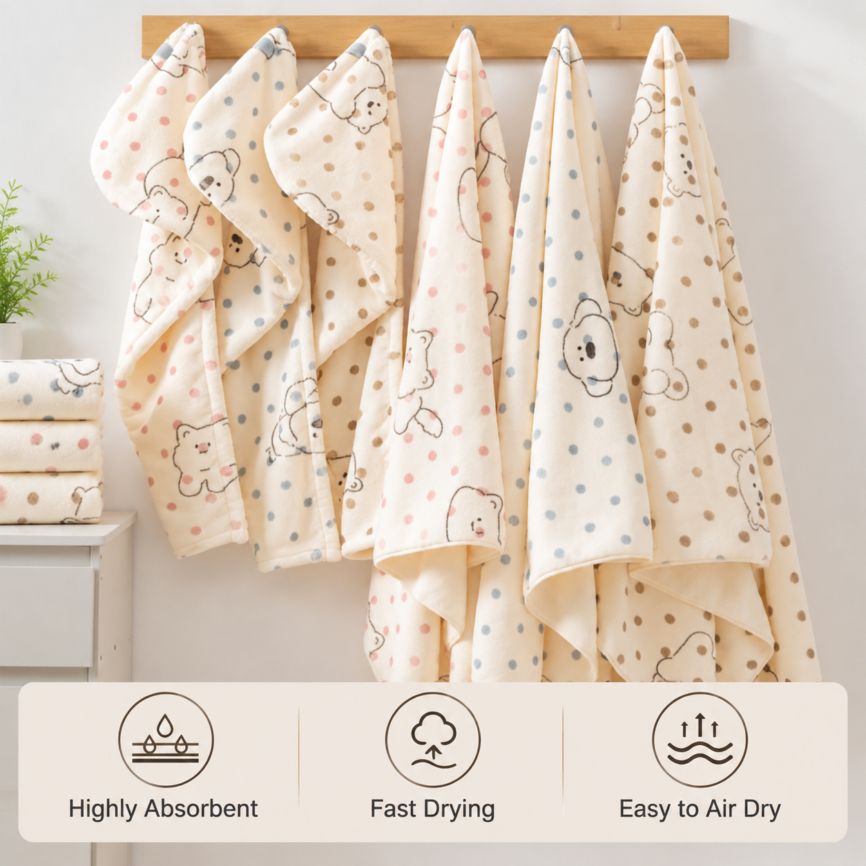 3 Piece Dog Print Coral Fleece Towel Set (Kitten pattern)- Soft Absorbent Face view 2