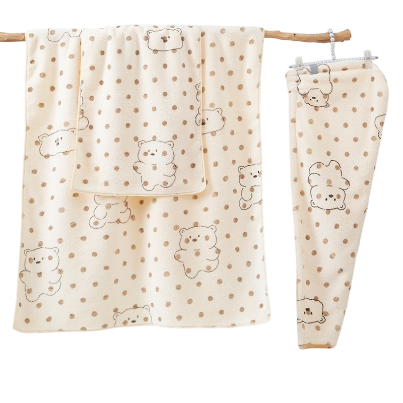 3 Piece Dog Print Coral Fleece Towel Set (Bear pattern)- Soft Absorbent Face Towel