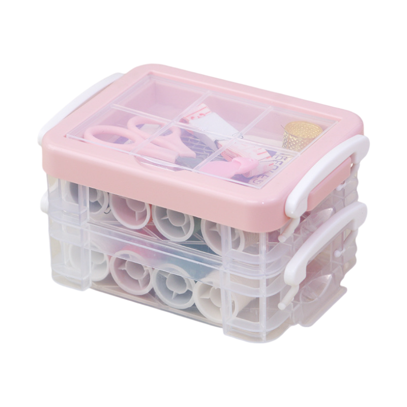 Pink 3-Layer Sewing Kit Box Set - Complete Home Sewing Organizer with 16