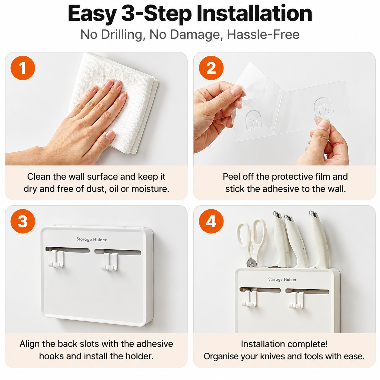 White Wall Mounted Knife and Scissor Storage Holder - 24.5 cm No Drill Kitchen view 8