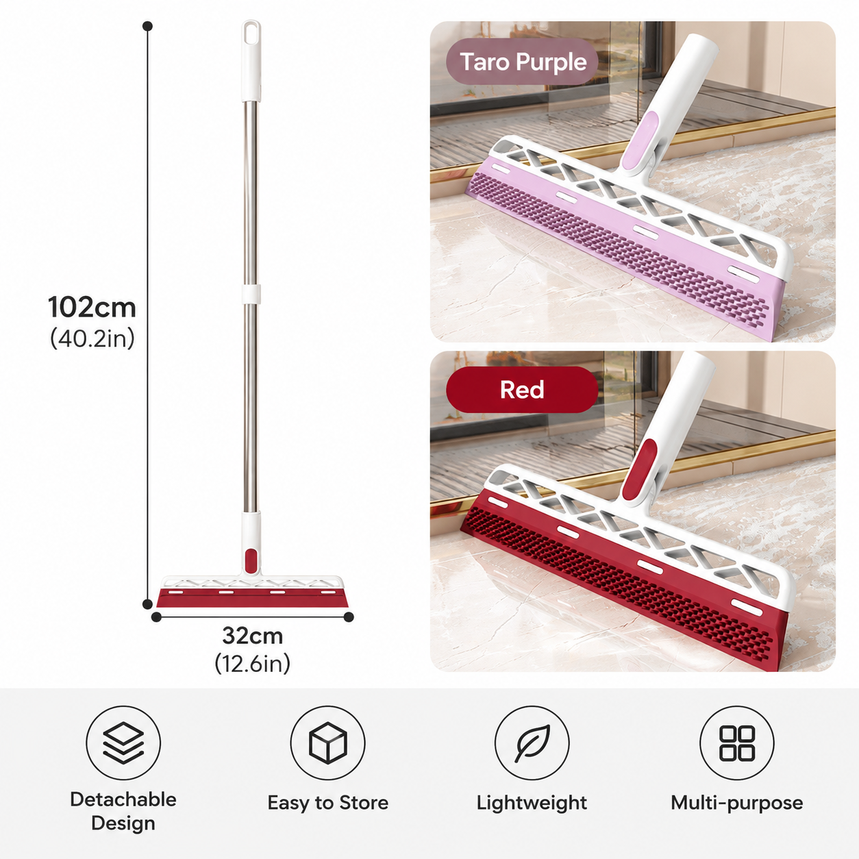 Purple 2 in 1 Floor Squeegee Broom - 102cm Long Handle 32cm Double Sided view 7