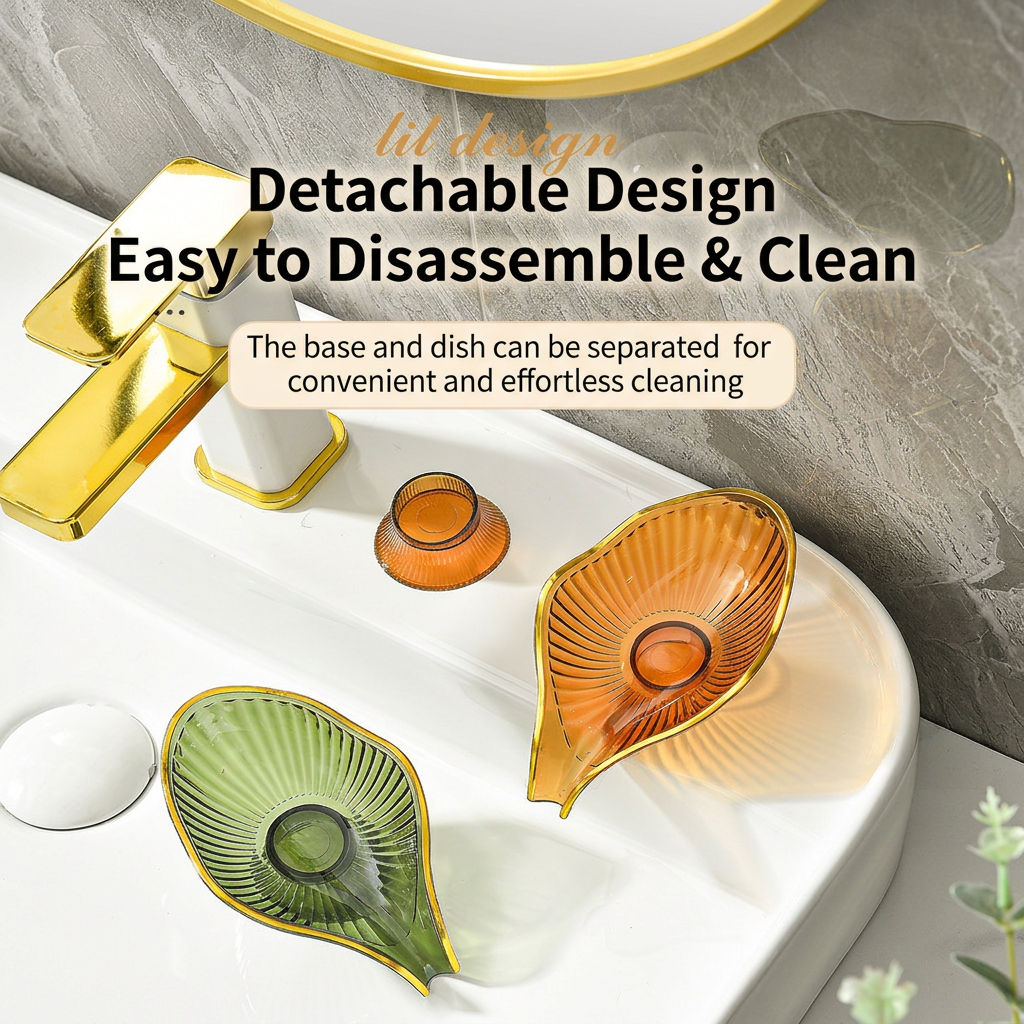 Orange Leaf Shaped Soap Dish with Drainage Spout - Decorative Gold Rim view 2