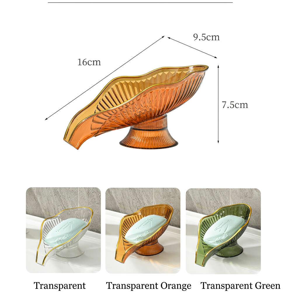 Green Leaf Shaped Soap Dish with Drainage Spout - Decorative Gold Rim view 8
