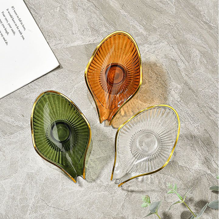 2 PCS Transparent Leaf Shaped Soap Dish with Drainage Spout - Decorative Gold view 3