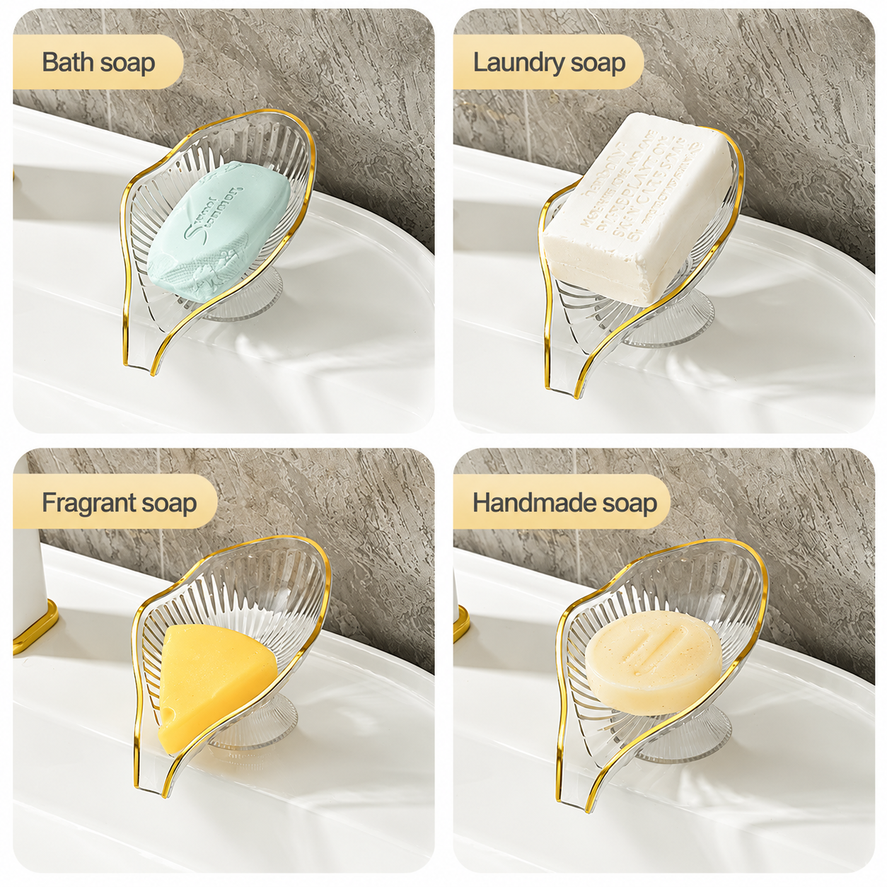 2 PCS Green Leaf Shaped Soap Dish with Drainage Spout - Decorative Gold Rim view 6
