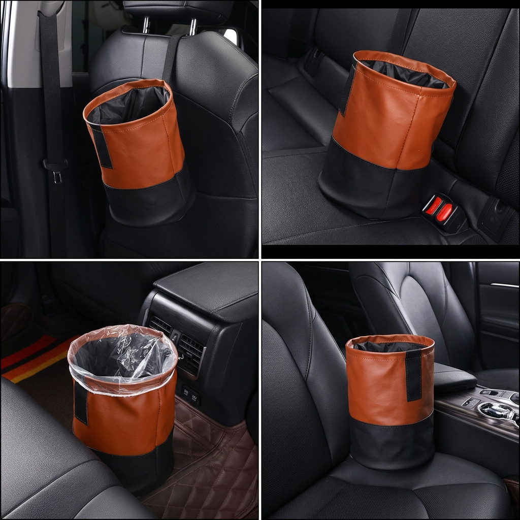 Brown Folding Car Trash Can with Hook - Waterproof Leather-Style Hanging Car view 2