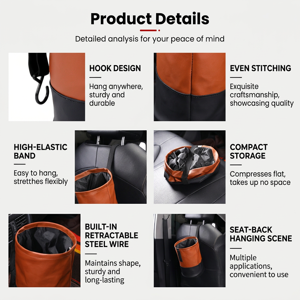 Brown Folding Car Trash Can with Hook - Waterproof Leather-Style Hanging Car view 3