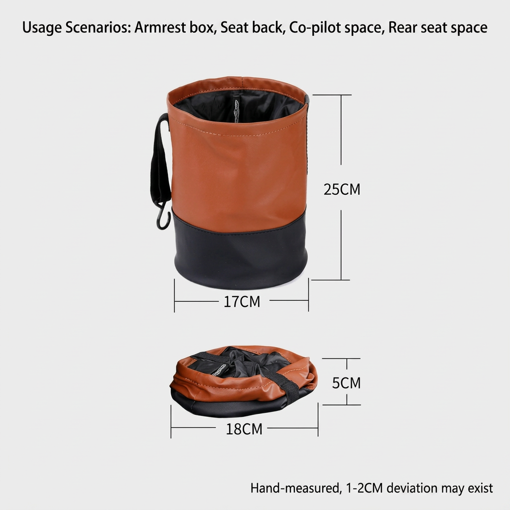 Brown Folding Car Trash Can with Hook - Waterproof Leather-Style Hanging Car view 4
