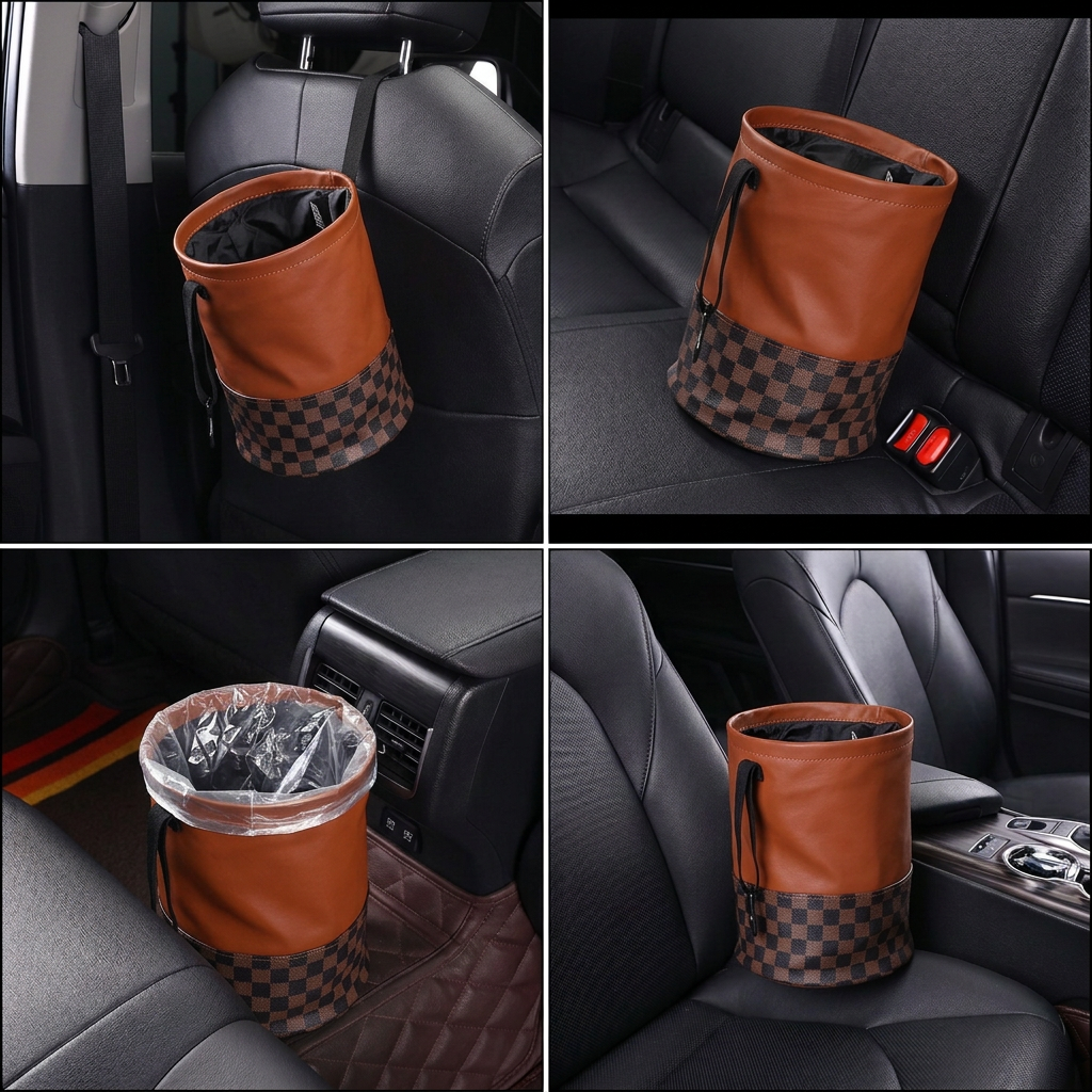 Folding Car Trash Can with Hook (Brown plaid)- Waterproof Leather-Style view 2