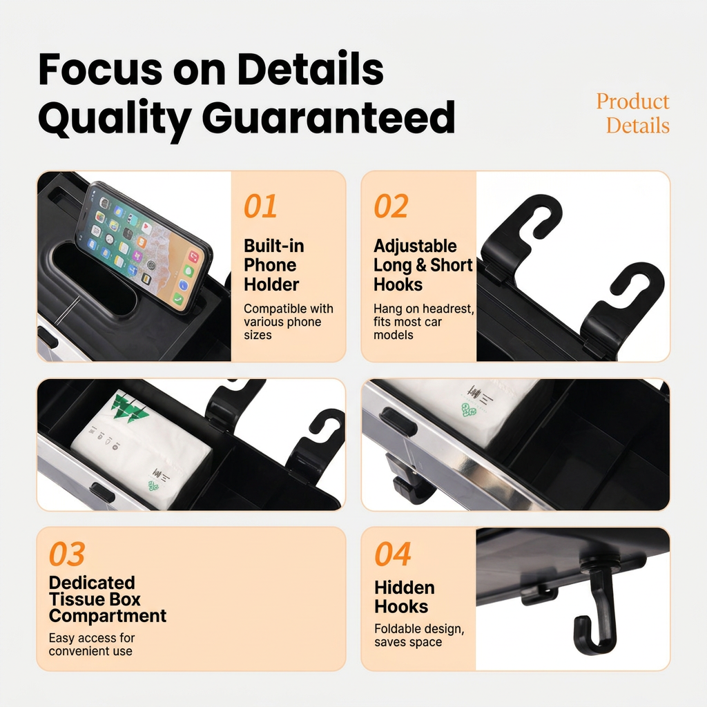 Silver Frame Multi-Function Car Headrest Organiser - ABS Backseat Storage with view 4
