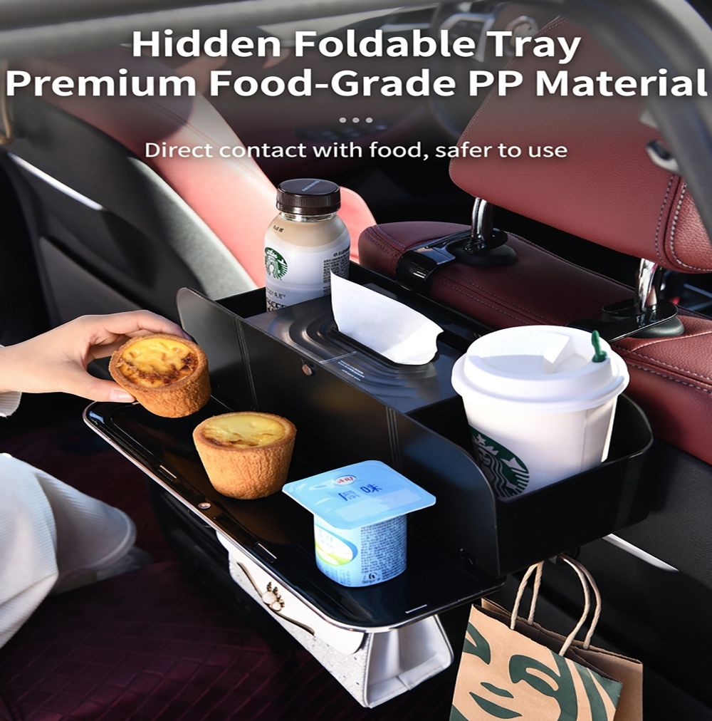 Black Multi-Function Car Headrest Organiser - ABS Backseat Storage with Dual view 2
